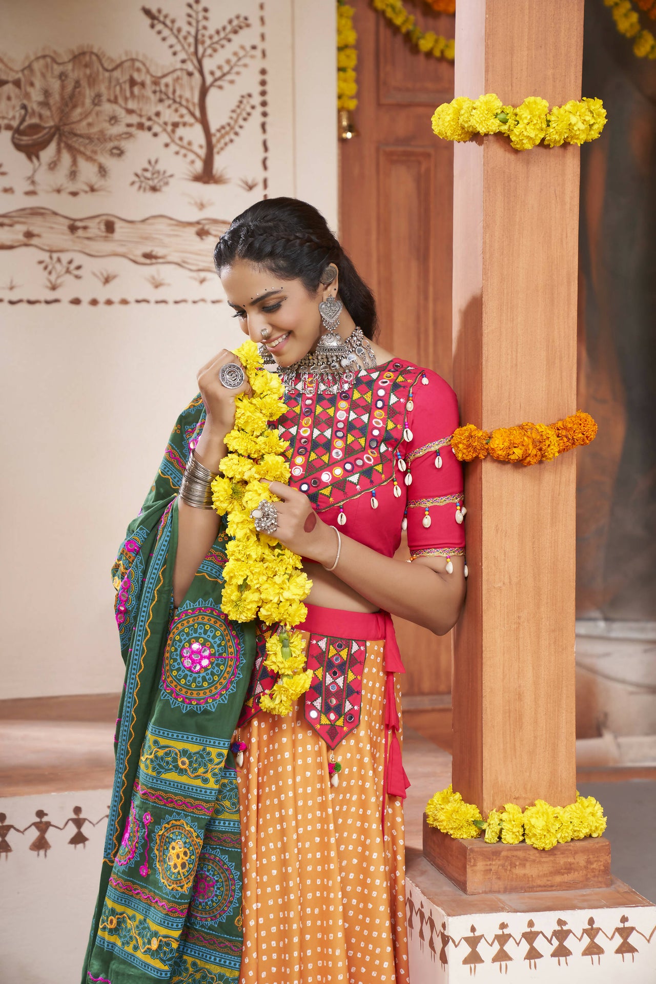 Yellow Rayon All over Print with Embroidery Patch Work Navratri Lehenga Choli with Dupatta - Raas - Distacart