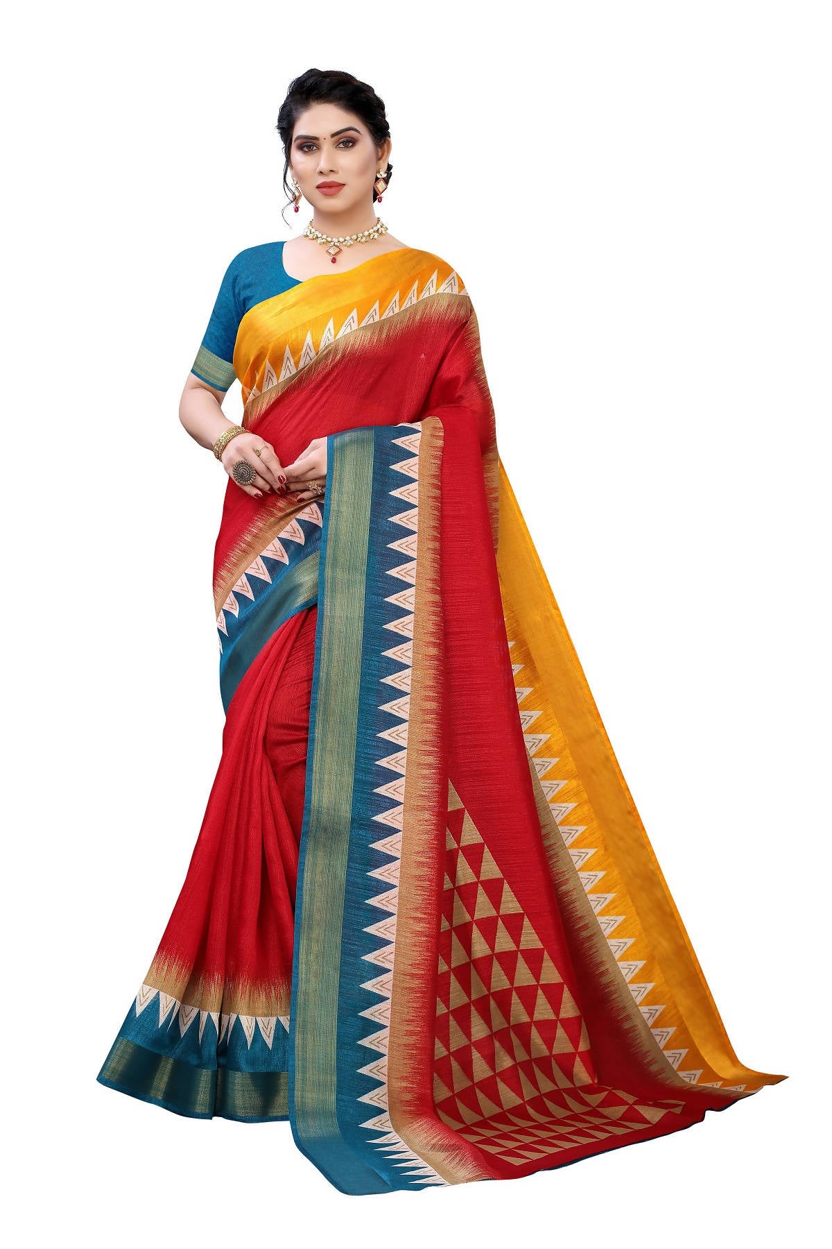 Vamika Red & Blue Linen Jari Border Saree (GUNJAN RED) - Distacart