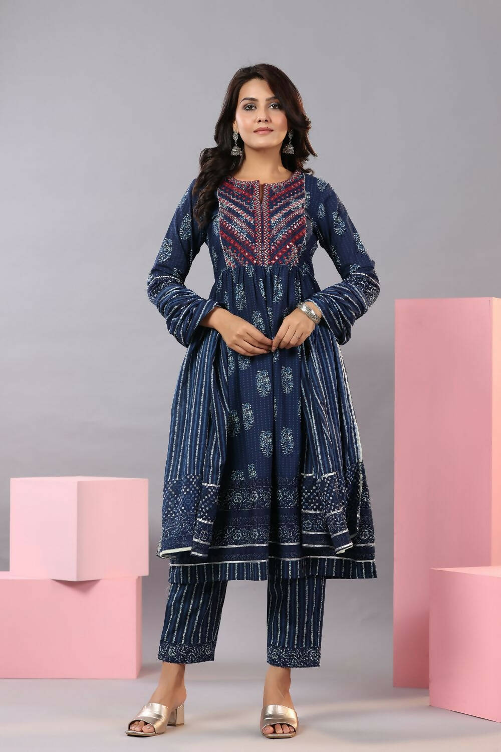 Indigo Blue Cambric Cotton Kurti with White Cotton Full Lining