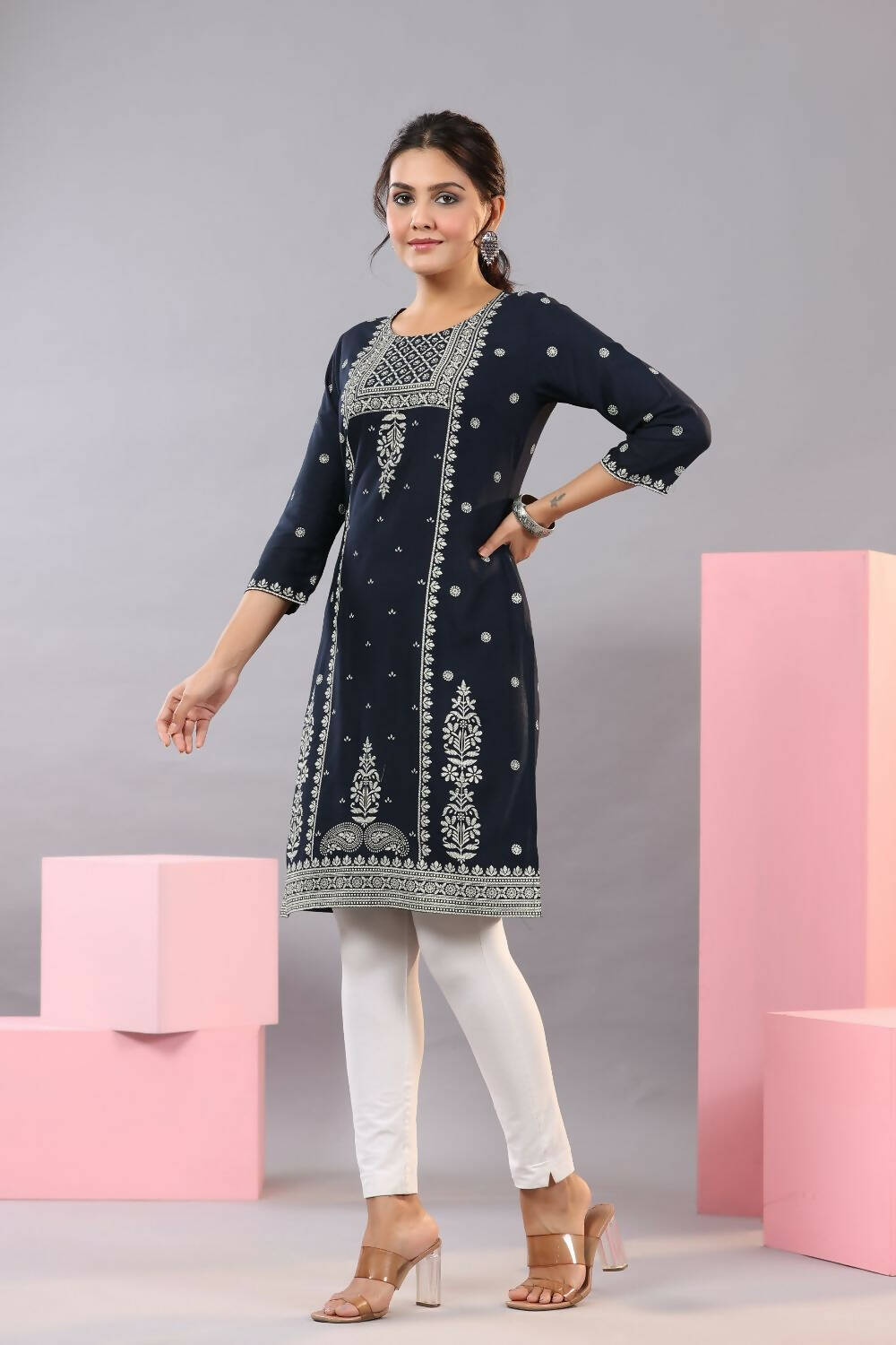 Juniper Women Navy Blue Rayon Printed Knee Length Straight Kurta - Distacart