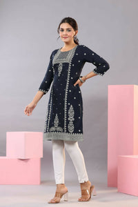 Thumbnail for Juniper Women Navy Blue Rayon Printed Knee Length Straight Kurta - Distacart