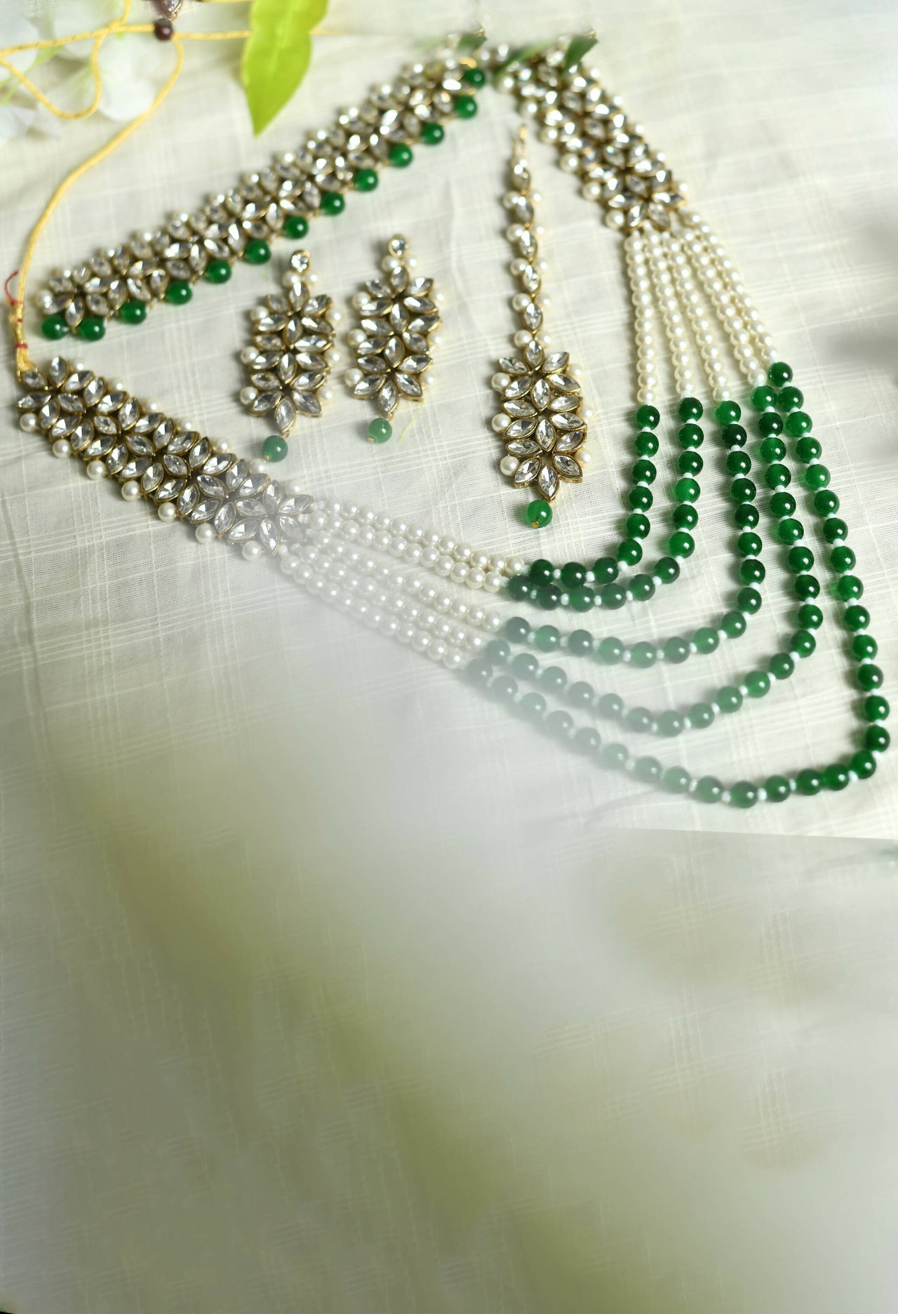 Mominos Fashion Johar Kamal Gold-Plated Rani Haar with Green and Off white Pearls Jewellery Set - Distacart