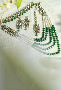 Thumbnail for Mominos Fashion Johar Kamal Gold-Plated Rani Haar with Green and Off white Pearls Jewellery Set - Distacart