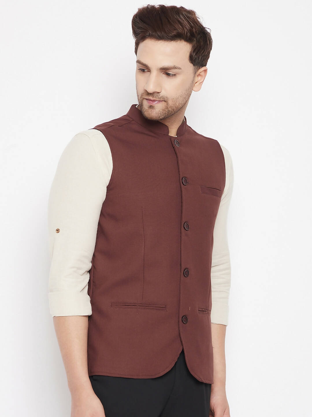 Even Apparels Maroon Merino Men Woven Nehru Jacket - Distacart