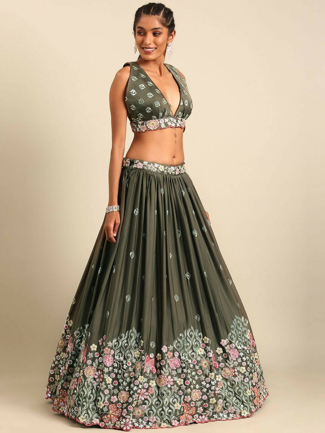 House of Panchhi Olive Chinon Sequins embroidery Lehenga choli & Dupatta - Distacart