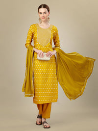Thumbnail for Aastha Fashion Women's Golden Silk Blend Embroidery & Sequence Work Kurta with Trouser & Dupatta - Distacart