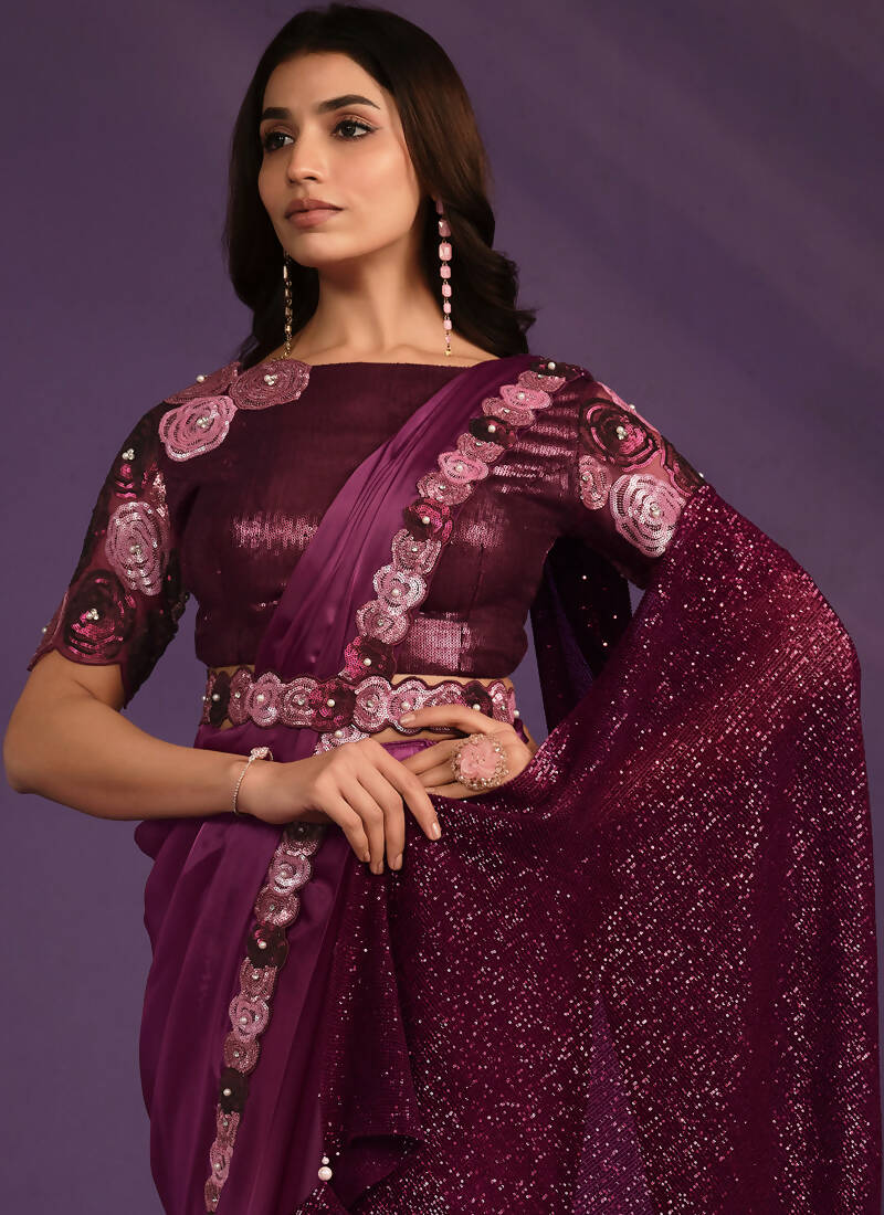 Purple Crepe Satin Silk Embroidered Saree With Stitched Blouse - Mohmanthan Exotica - Distacart