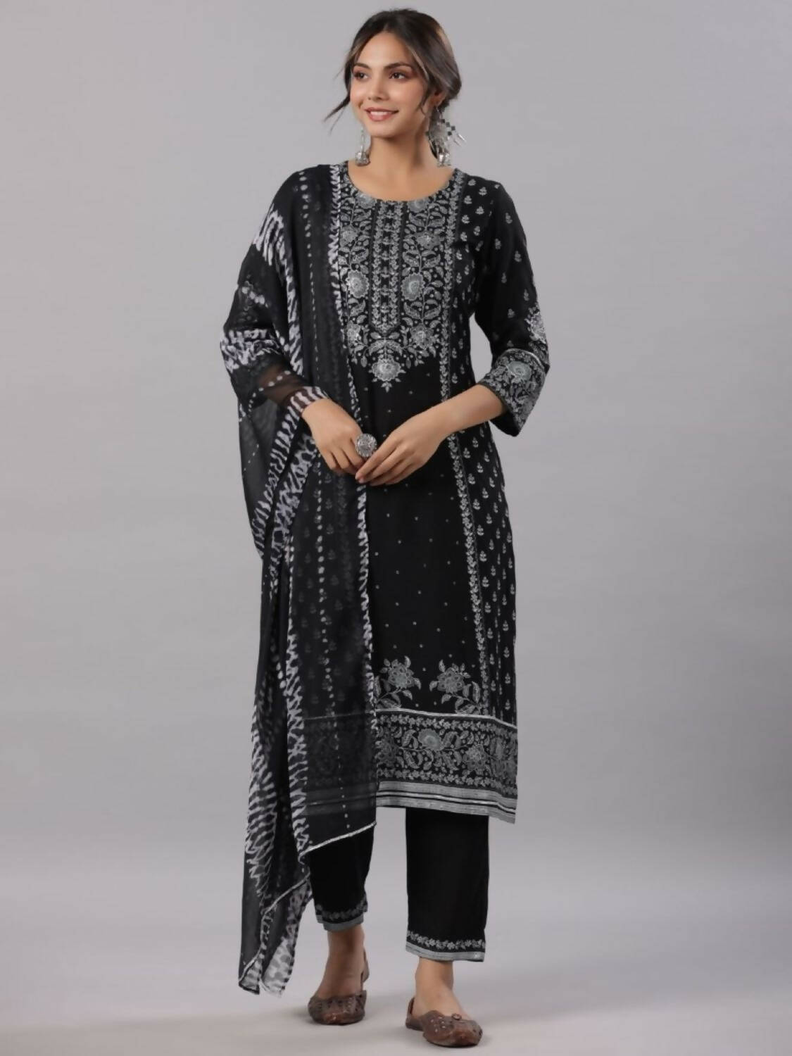 Juniper Women Black Rayon Staple Kalamkari Printed Kurta, Pants and Dupatta Set - Distacart