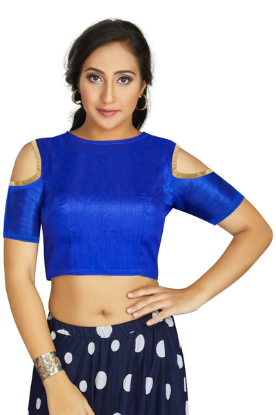 Aastha Fashion Women's Blue Art Silk Cold Shoulder Sleeve Readymade Blouse - Distacart