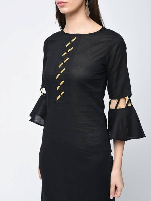 Aniyah Cotton Criss Cross Bell Sleeves Straight Kurta In Black (AN-101C)