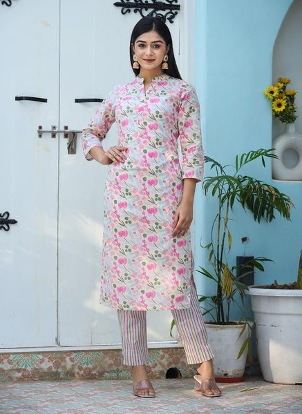 Kaajh Woman's Pink Printed Cotton Kurta Pant Set - Distacart