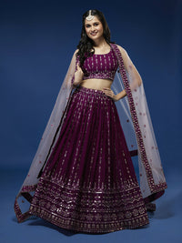 Thumbnail for House of Panchhi Women Burgundy Pure Georgette Sequinse Embroidered Lehenga & Blouse, Dupatta - Distacart