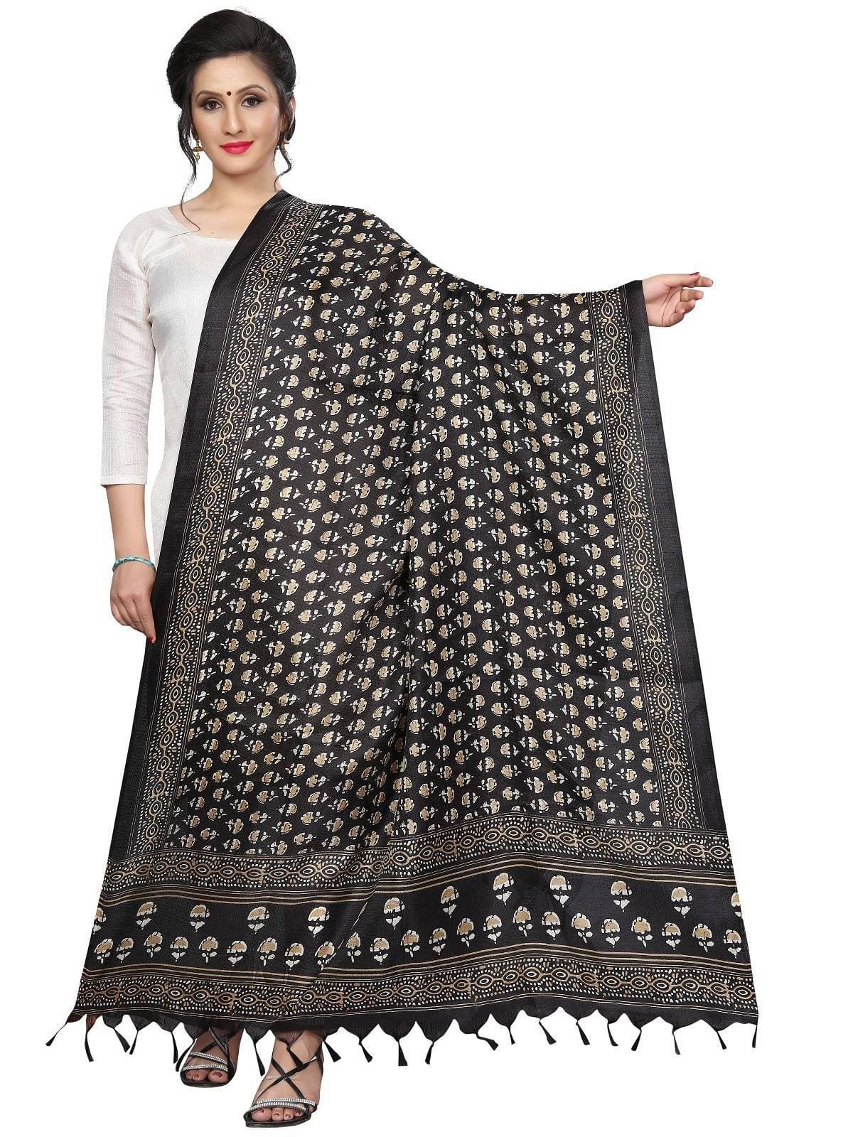 Vamika Latest Fashion Black Printed Khadi Bhagalpuri Dupatta For Girls