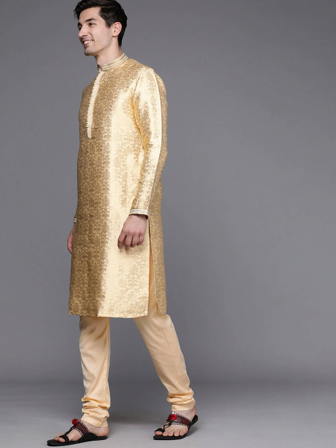 Manyavar Men Beige Ethnic Motifs Woven Design Kurta with Churidar - Distacart