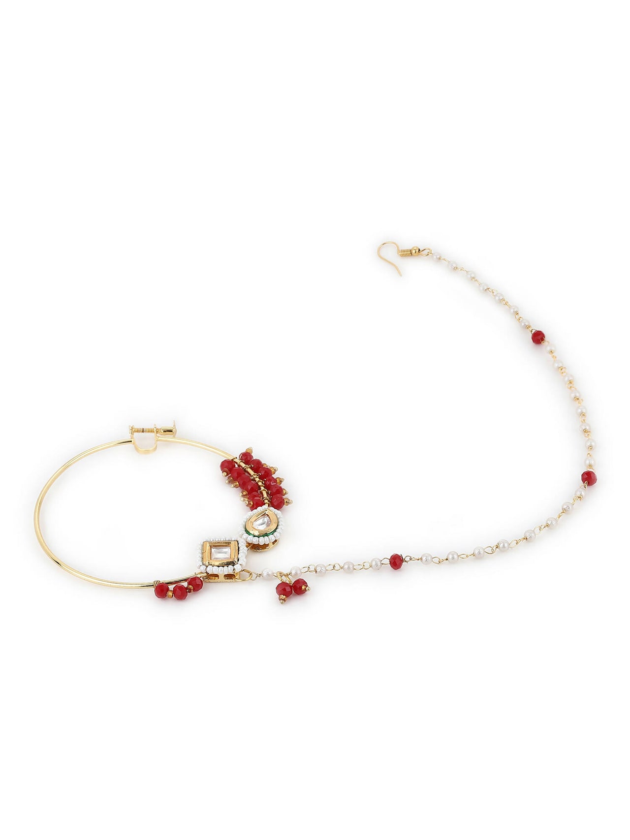 Gold-Plated White Red Stone-Studded Pearl Beaded Nosepin - Ruby Raang - Distacart