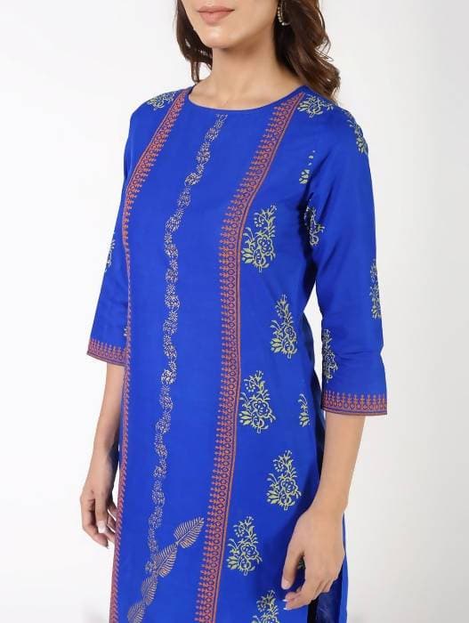 Aniyah Cotton Block Printed Straight Kurta Blue (AN-140K)