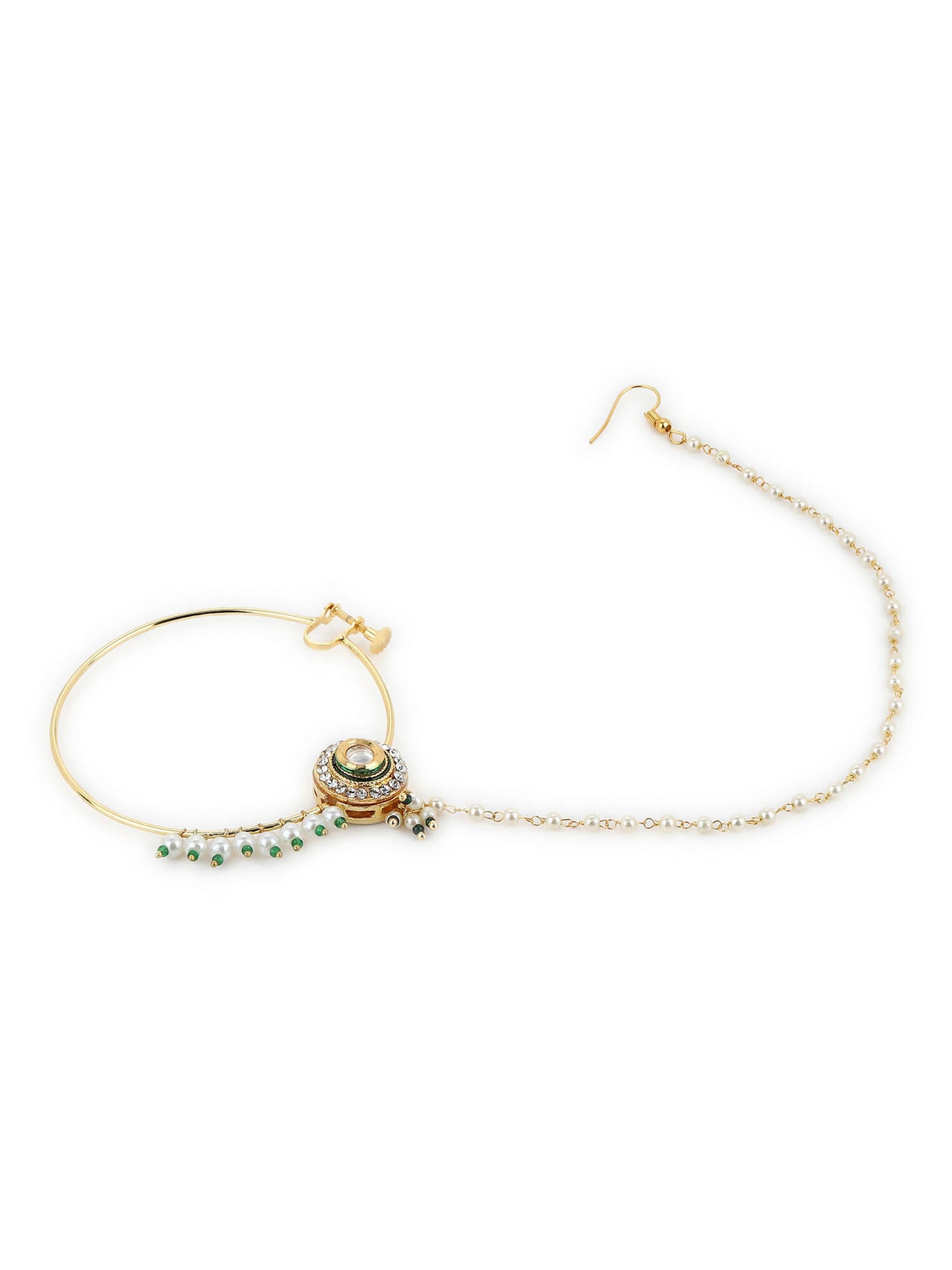 Gold-Plated White Green Kundan-Studded Pearl Beaded Nosepin - Ruby Raang - Distacart