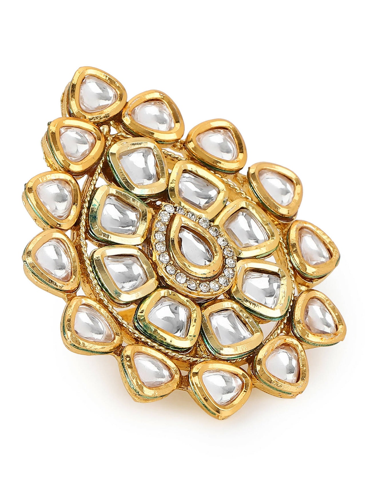 Gold-Plated White Kundan-Studded Adjustable Finger Ring - Ruby Raang - Distacart