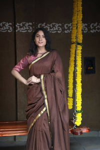 Thumbnail for Very Much Indian Pure Cotton Handloom Saree With Intricate Borders - Brown - Distacart