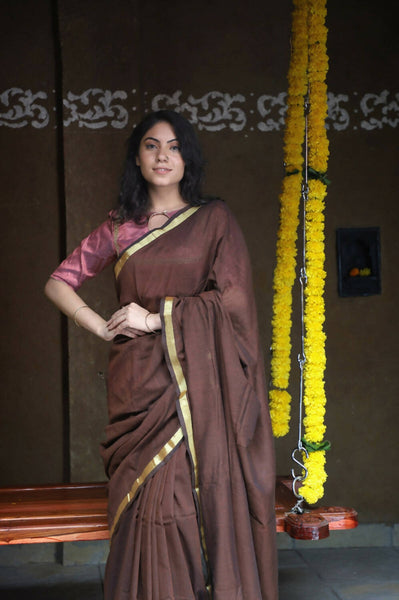 Very Much Indian Pure Cotton Handloom Saree With Intricate Borders - Brown - Distacart