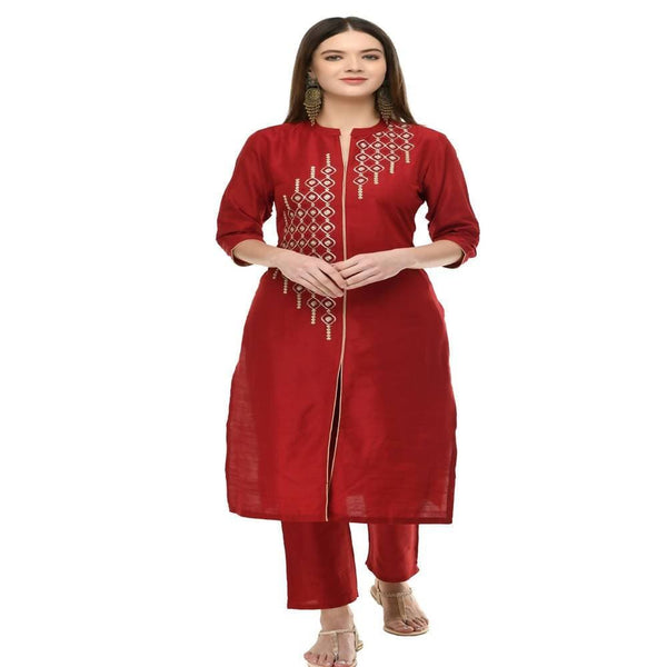 Lagi Women's Maroon Poly silk Straight Embroidred Kurta Pant (RO115A)