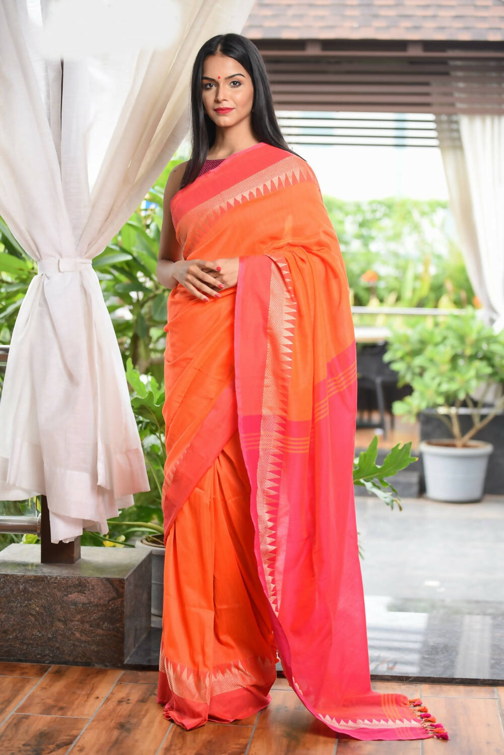 Very Much Indian Pure Cotton Handloom Saree With Intricate Borders - Orange - Distacart