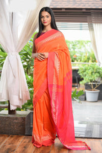 Thumbnail for Very Much Indian Pure Cotton Handloom Saree With Intricate Borders - Orange - Distacart