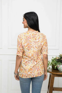 Thumbnail for Myshka Women Mustard Floral V-Neck Regular Sleeves Viscose Rayon Top - Distacart