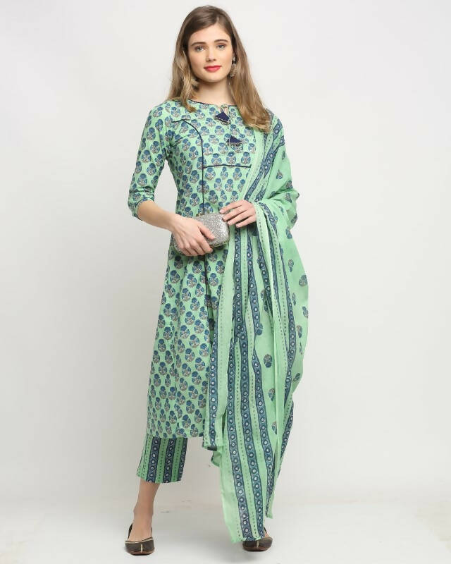 Aastha Fashion Women's Pista Green Cotton Jaipuri Printed Kurta with Trouser & Dupatta - Distacart