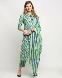 Thumbnail for Aastha Fashion Women's Pista Green Cotton Jaipuri Printed Kurta with Trouser & Dupatta - Distacart