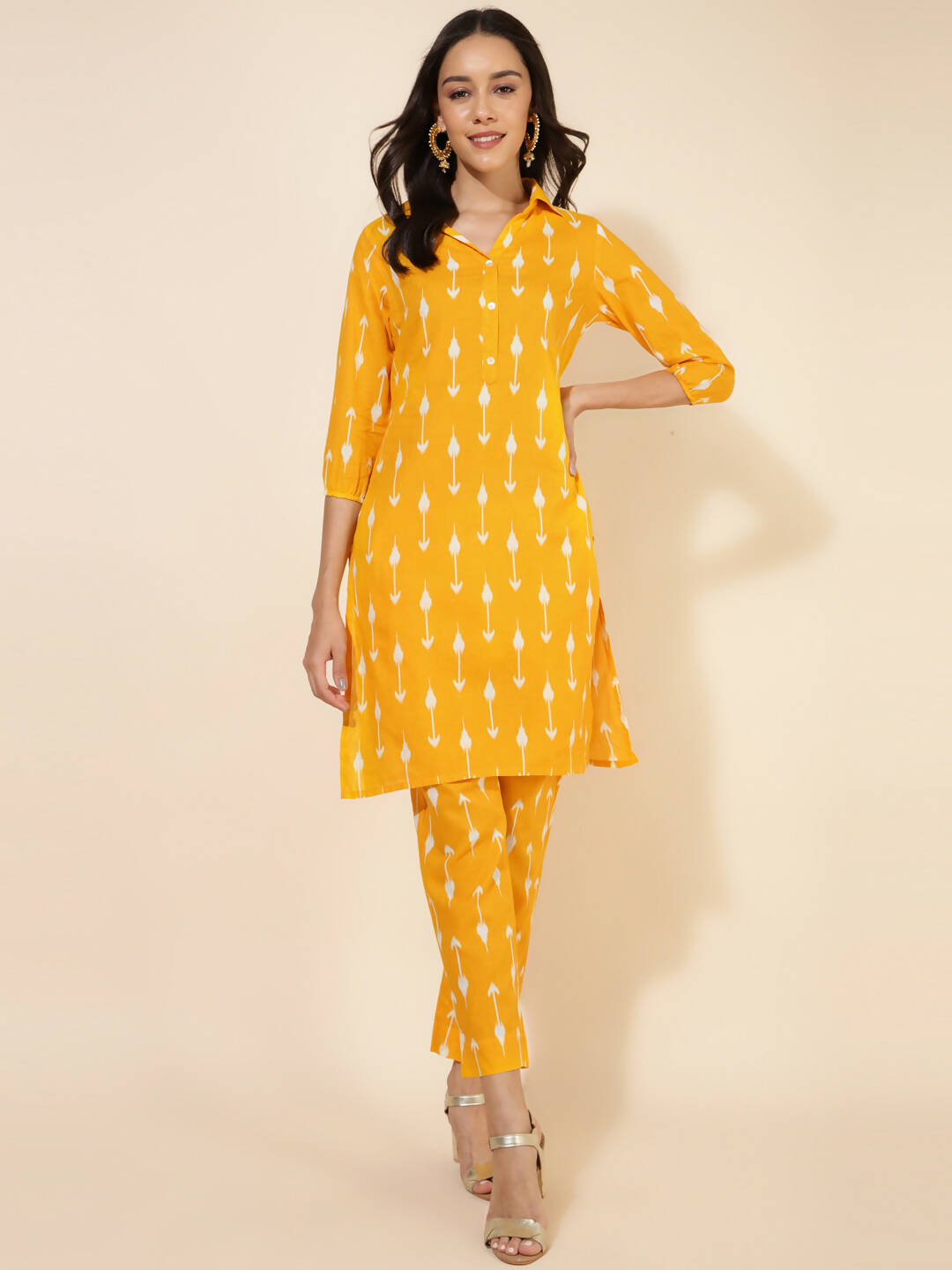 Janasya Women's Yellow Cotton Ikkat Printed Casual Straight Co-ords - Distacart