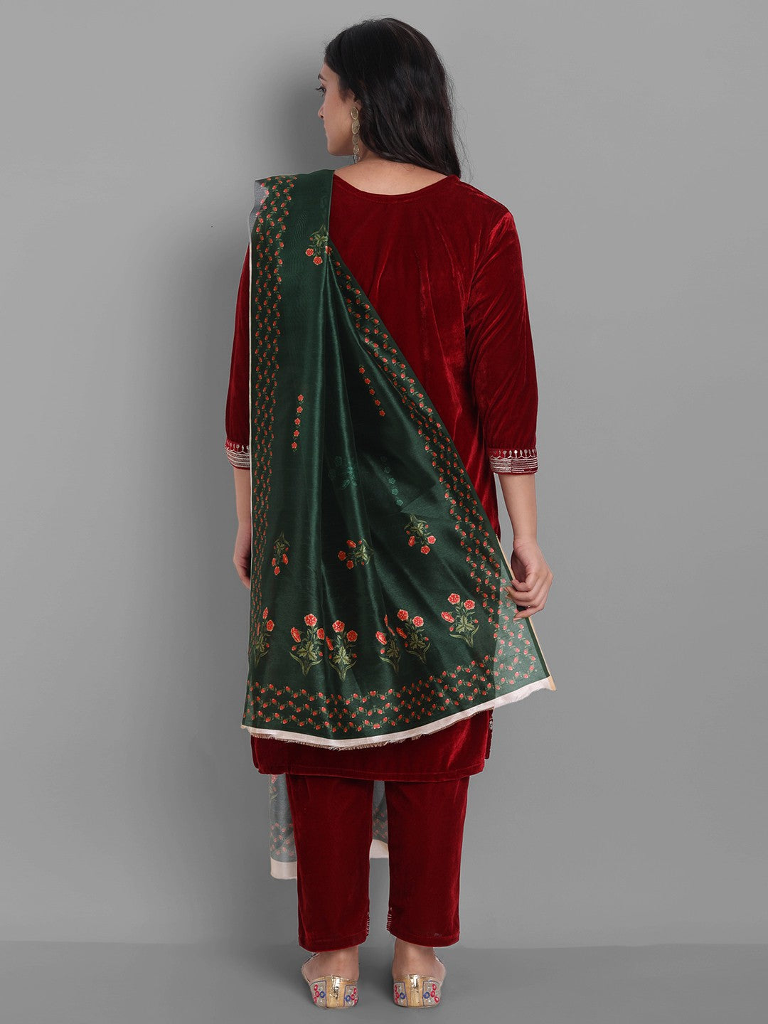 NOZ2TOZ Women's Red Embroidered Velvet Kurta with Trousers & With Dupatta - Distacart