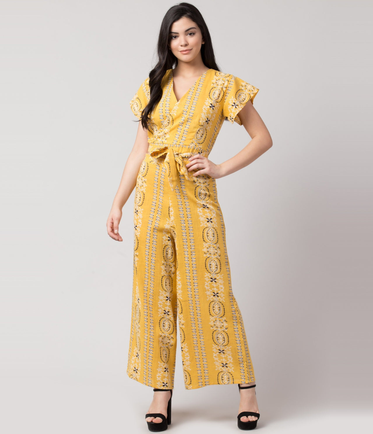 PAVONINE Mustard Color Printed Crop Top And Flared Palazzo Set For Girls & Women - Distacart