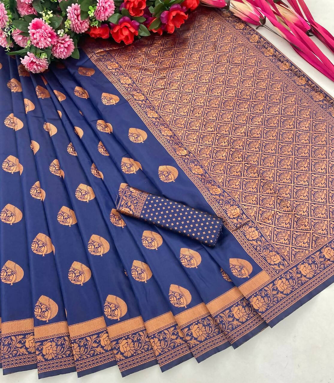 DEIANA'S Beautiful Golden Jari with New Design Soft Lichi Silk Saree - Blue - Distacart