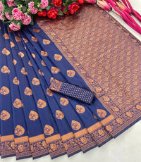 Thumbnail for DEIANA'S Beautiful Golden Jari with New Design Soft Lichi Silk Saree - Blue - Distacart