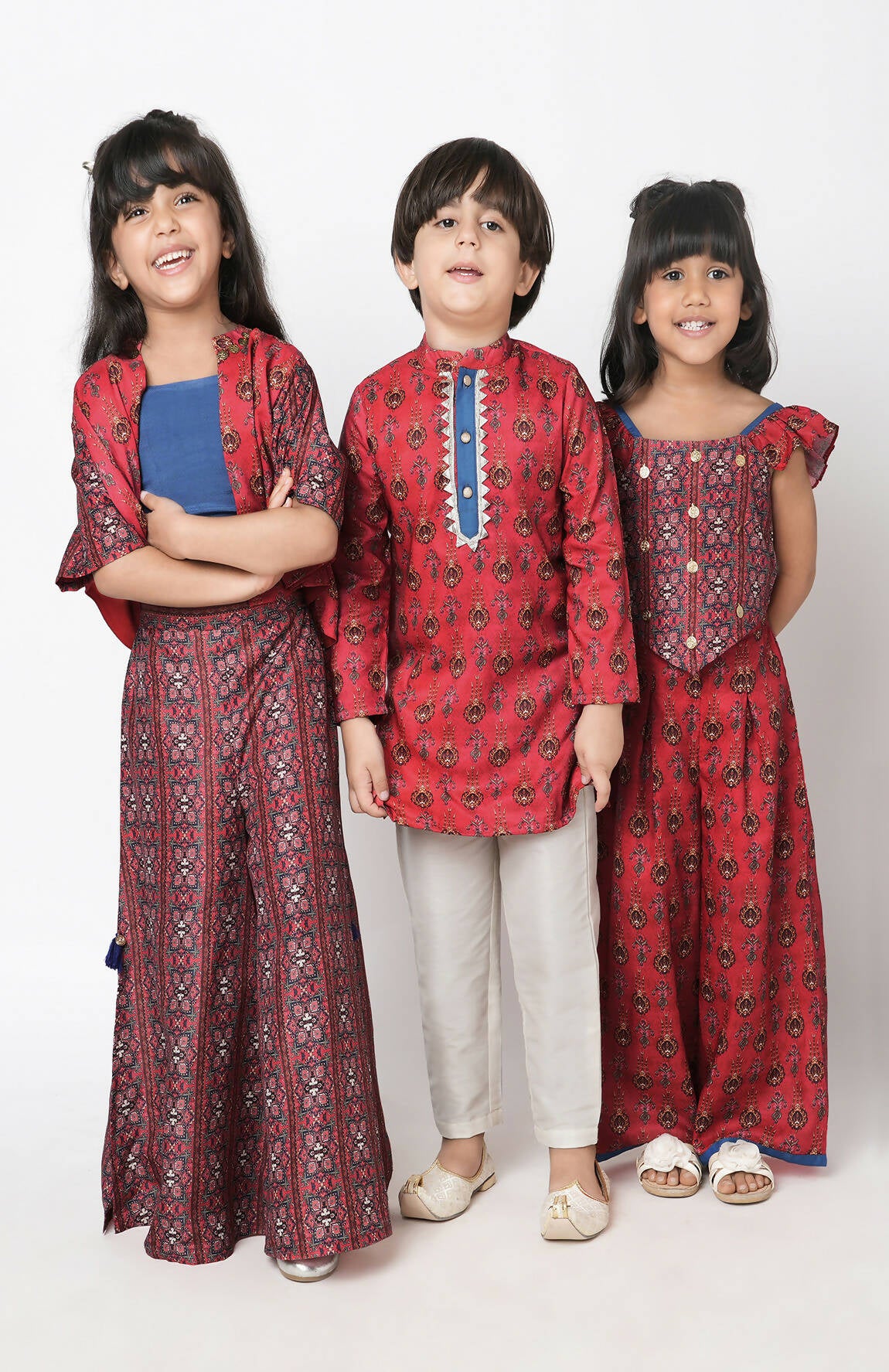 Lil Drama Ethnic Twist Girls Red Print Box Pleat Pant With Top Co-Ordinate Set - Distacart