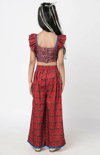 Thumbnail for Lil Drama Ethnic Twist Girls Red Print Box Pleat Pant With Top Co-Ordinate Set - Distacart