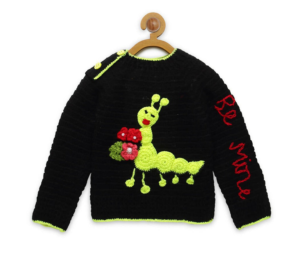 Chutput Kids Black Coloured Solid Pullover For Baby Boys with Caterpiller Applique Detail - Distacart