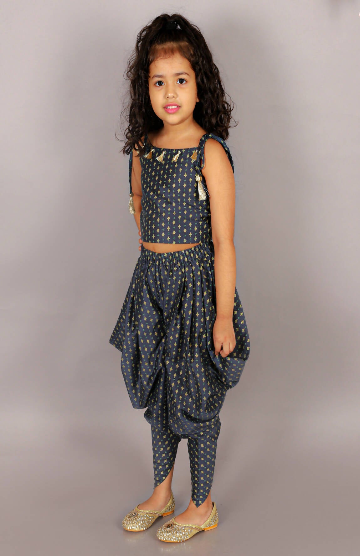 Lil Drama Fusion Fair Girls Navy Crop Top With Dhoti Co-Ordinate Set - Distacart