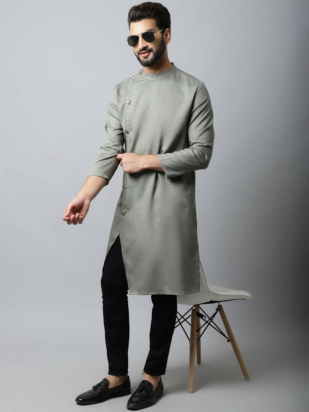 Even Apparels Grey Color Pure Cotton Sherwani Men's Kurta With Asymetrical Cut (SLD1181) - Distacart