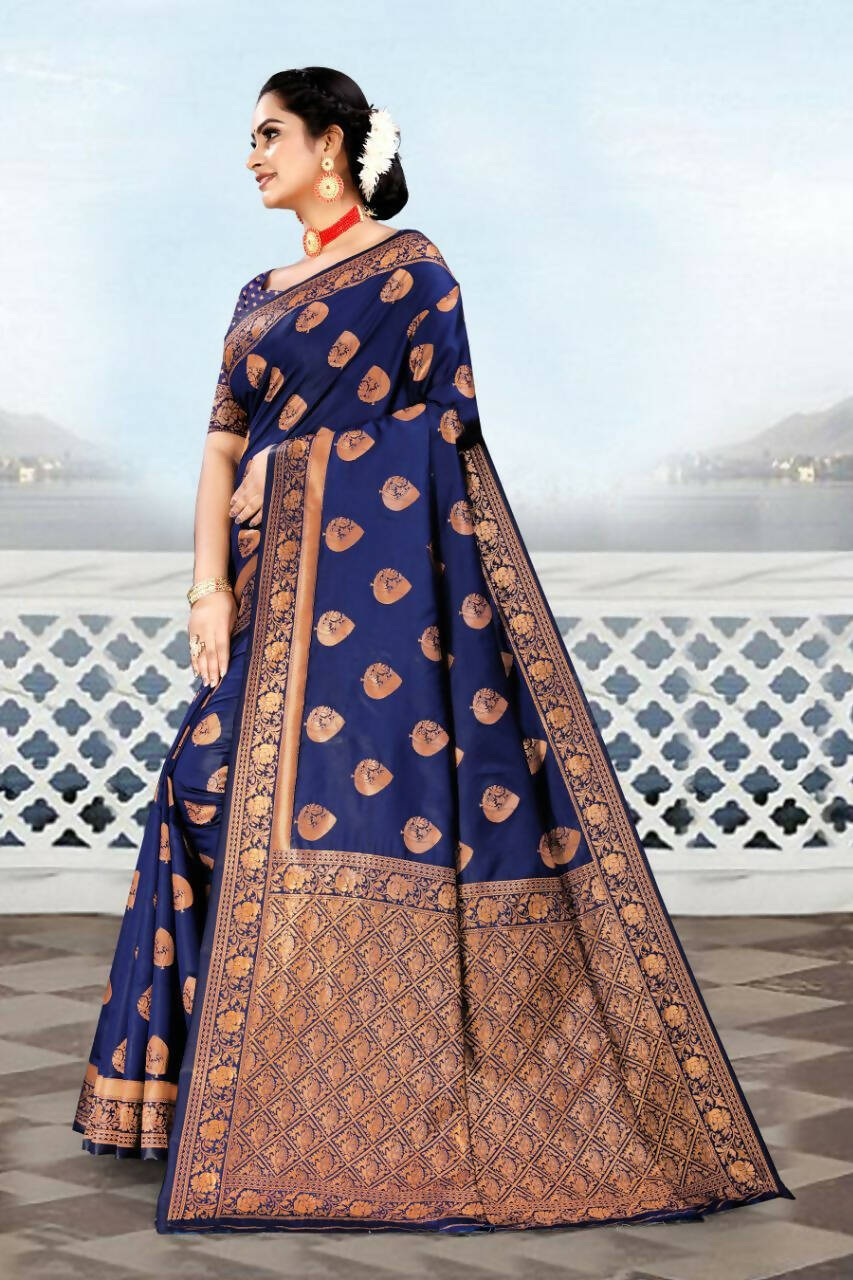 DEIANA'S Beautiful Golden Jari with New Design Soft Lichi Silk Saree - Blue - Distacart