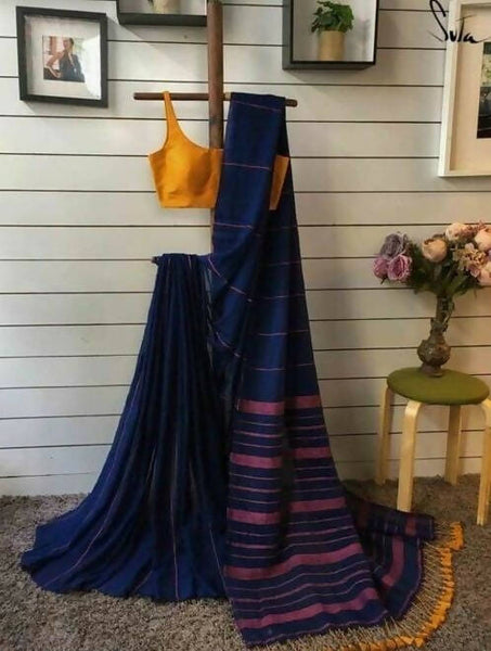 Exclusive Collection Khadi Cotton Handloom Khesh Saree With Blouse Piece - Navy Blue - Distacart