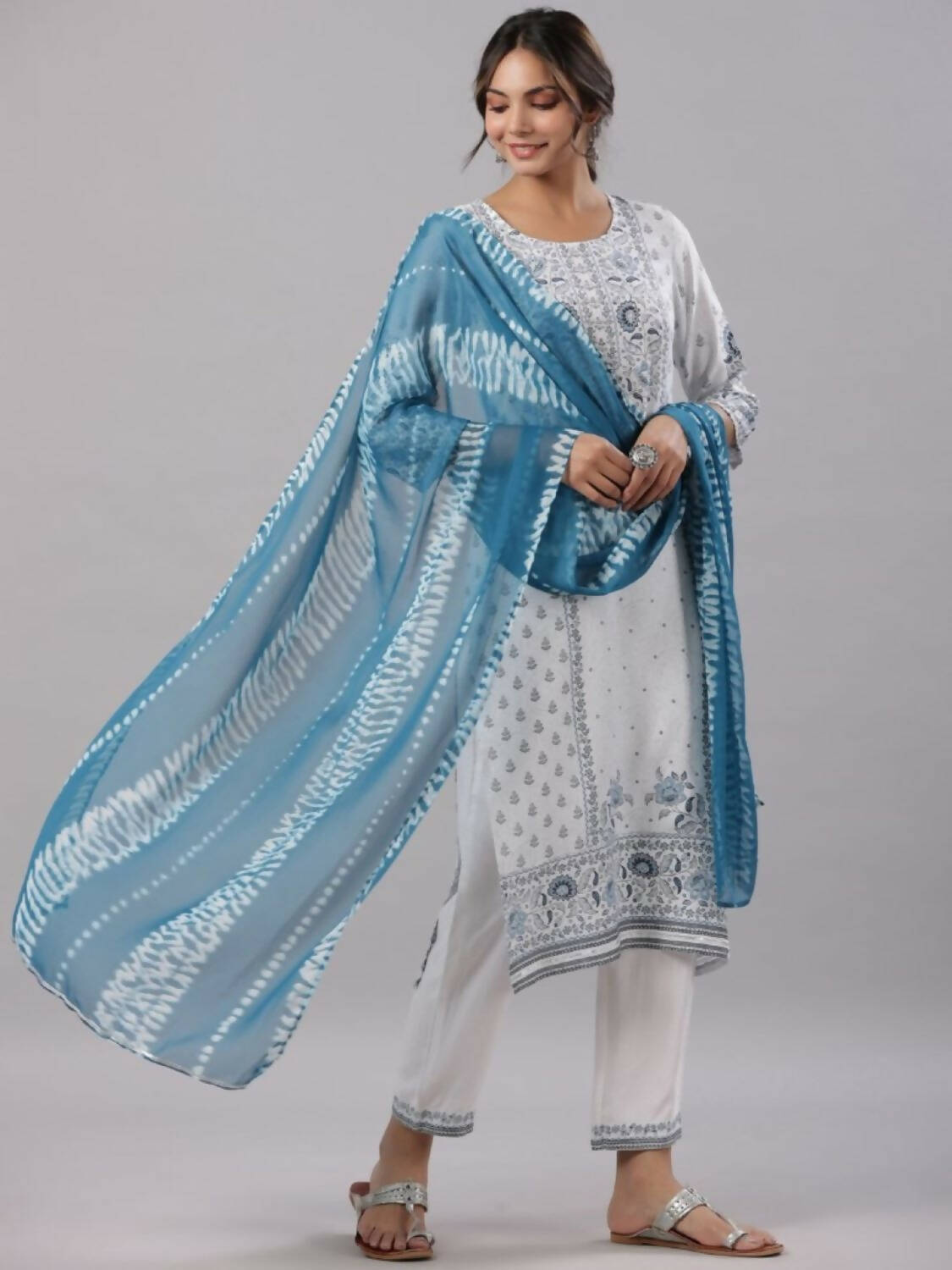 Juniper Women Sky-Blue Rayon Staple Kalamkari Printed Kurta, Pants and Dupatta Set - Distacart