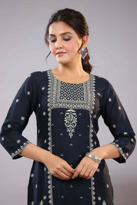 Thumbnail for Juniper Women Navy Blue Rayon Printed Knee Length Straight Kurta - Distacart