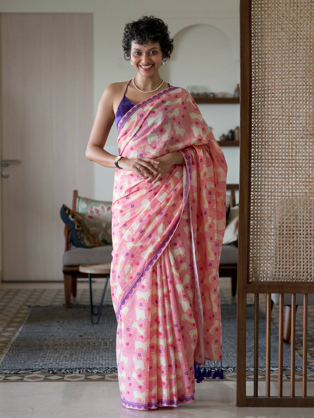 Suta Pink Abstract Pure Cotton Saree - Distacart