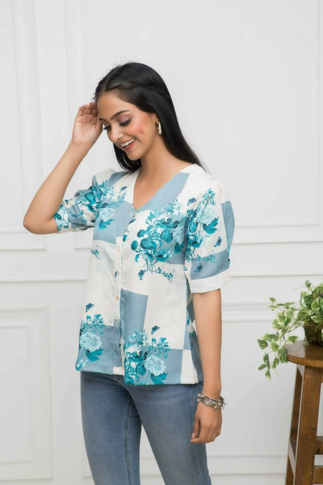 Myshka Women White Floral V-Neck Flutter Sleeves Viscose Rayon Top - Distacart