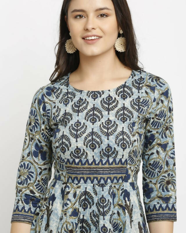 Aastha Fashion Women's Navy Blue Cotton Printed Kurta with Trouser & Dupatta - Distacart