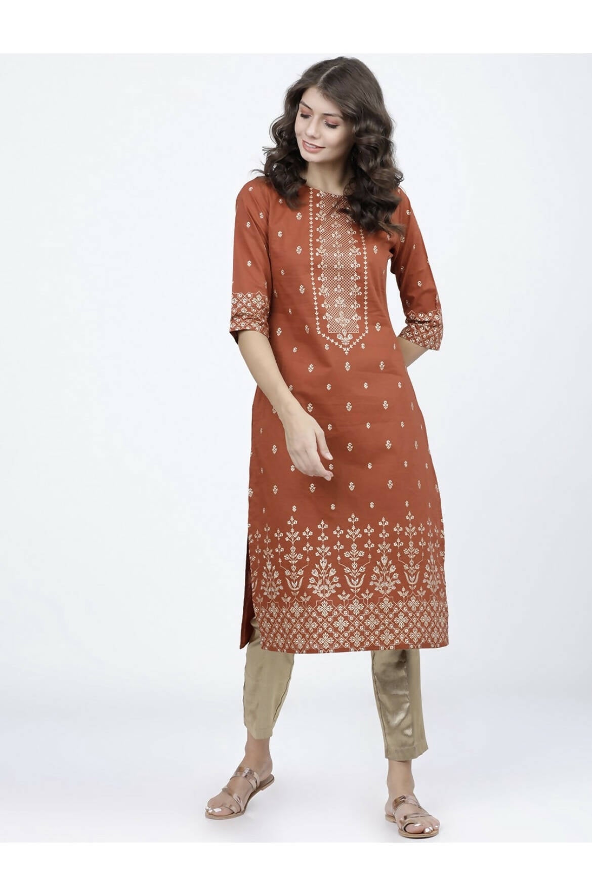 Cheera Embellished Daily Wear Cotton Blend Kurta - Brown - Distacart