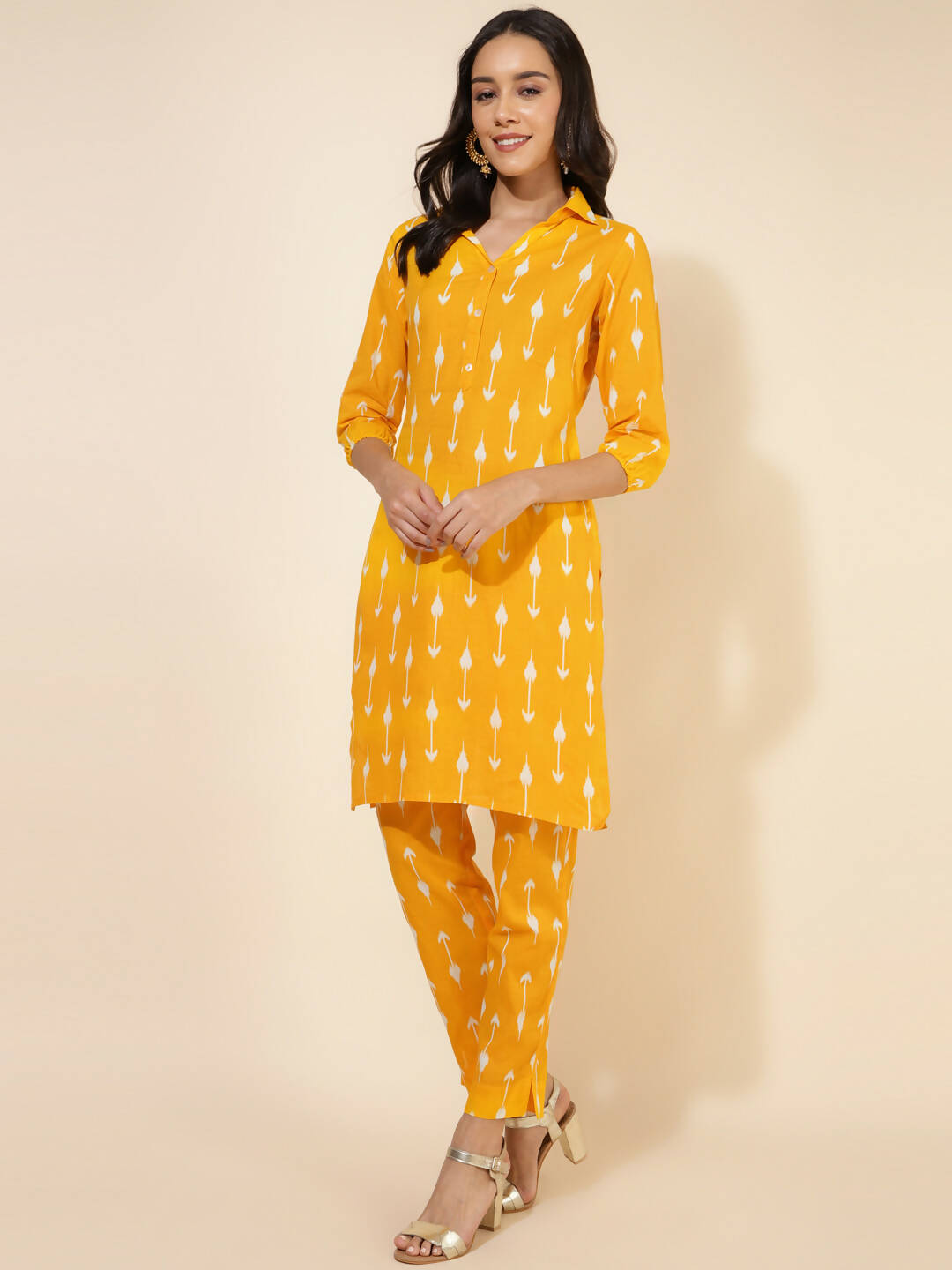 Janasya Women's Yellow Cotton Ikkat Printed Casual Straight Co-ords - Distacart