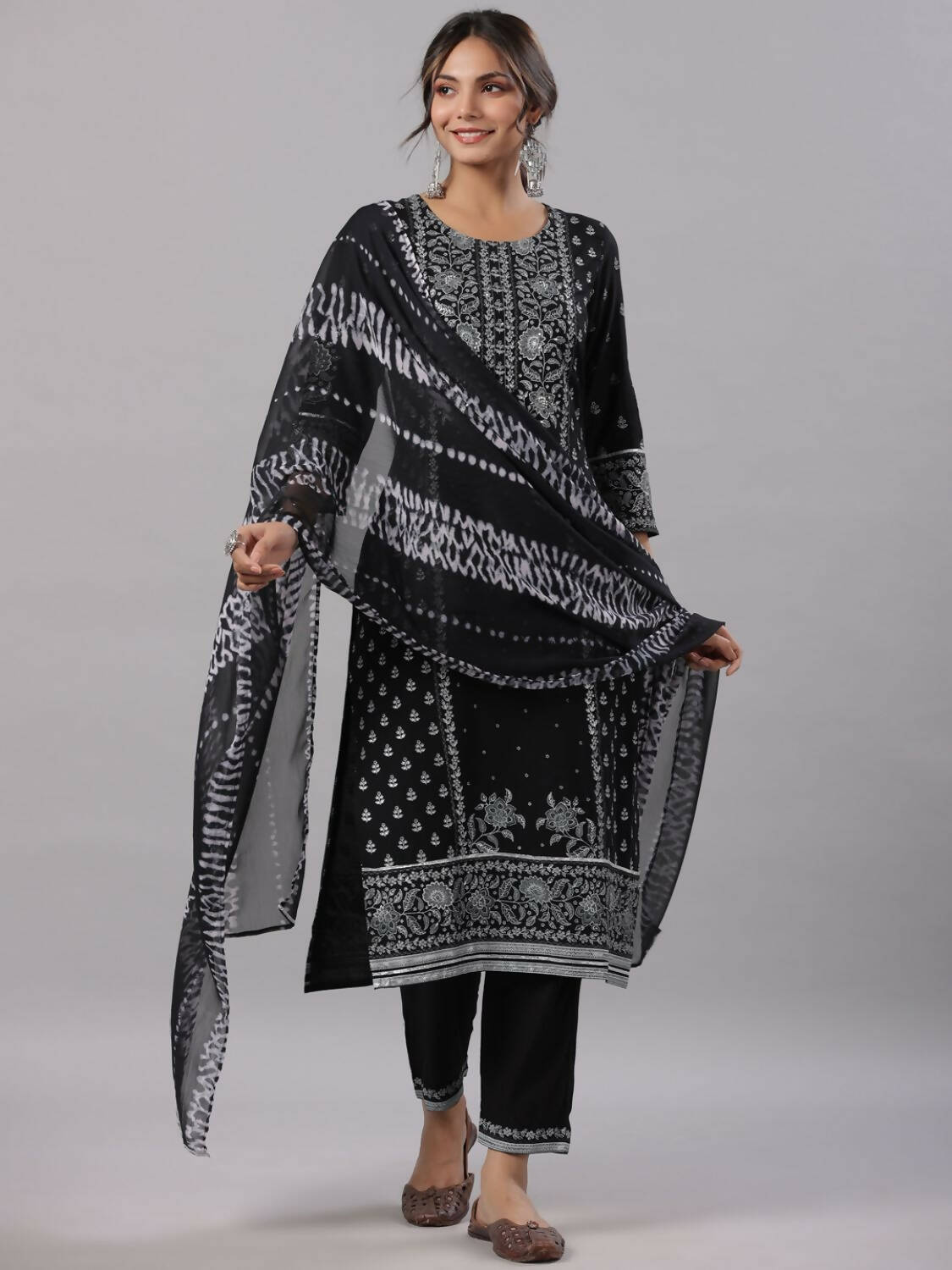 Juniper Women Black Rayon Staple Kalamkari Printed Kurta, Pants and Dupatta Set - Distacart